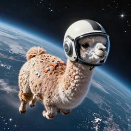 a lama in a helmet is flying in space, 4k image.