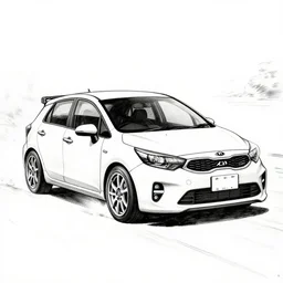Kia Rio hatchback drifting, page from Initial D manga, ink drawing, black and white
