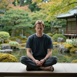 russel brand meditating in a japanese garden by hiroshi yoshida