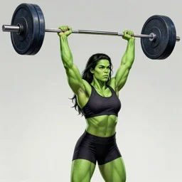 jessica biel as she - hulk lifting barbell in overhead press. green skinned, muscular, bodybuilding woman, wheyfu. illustration luis royo, boris vallejo, detailed, realistic