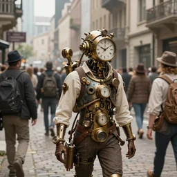 The city of time traveler where crowd on street each carry own time travel devices, steampunk, machine, industrial, yoshitaka Amano, hiroshi yoshida, bright pastel colors