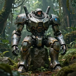A concept art of an armored mecha robot with a human pilot sitting in a stone in the middle of the jungle, highly detailed scifi film color palette, ridley scott film, cinematic lighting, trending on artstation,cgsociety, volumetric lighting, style inspired by Ian McQue and Sparth and Feerikart, hyper realistic