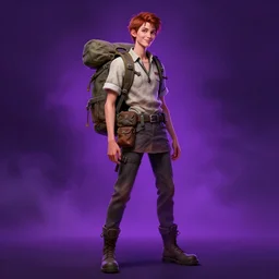 detailed character full body portrait of a skinny feminine androgynous merchant salesman backpack smirking purple smoky neon background artgerm greg rutkowski mucha