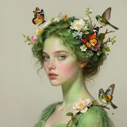 ultra realistic illustration, eva green, with flowers, butterflies, birds, branches sprouting from her head, elegant, highly detailed, digital painting, concept art, soft, sharp focus, illustration, artgerm and greg rutkowski and alphonse much -