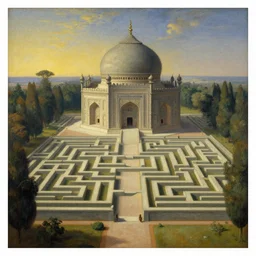 mausoleum, buddhism, maze, painting by gaston bussiere, greg rutkowski