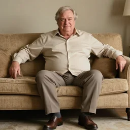 full body photo of older handsome lord richard. he is sitting gracefully on a sofa, he is elegant an chubby. oh he is a human by the way, wear's beige shirt, has firm skin and big bouncy belly