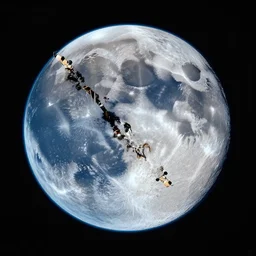 a fisheye photo of the moon crashing into the earth, shot from a satellite high in orbit