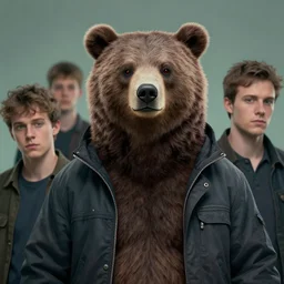 a photo of a portrait of a bear wearing a jacket, character concept art, style of krenz cushart, ashley wood, and charlie bowater and craig mullins, intricate accurate details, artstation trending, octane render, cinematic color grading, muted colors, soft light, rule of thirds, like a professional model, cinematic, 8 k, clear