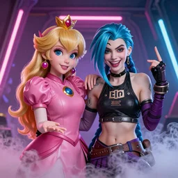 Princess peach mixed with jinx from league of legends, background with neon lighting, raytrayced, octane render, smoke at the bottom, hyperrealist, by Joe Benitez, WLOP, Alessandro Barbucci, Barbara Canepa