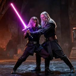 gandalf fighting with a lightsaber in the star wars universe, dramatic lighting,