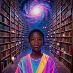 a black boy wearing neon robes inside a vast and endless four dimensional magic library of spells full of glowing orbs at the end of the galaxy, detailed face, timbuktu, in a symbolic and meaningful style, by m. c. escher and greg rutkowski and evgeni gordiets, artgerm, radiant lighting, concept art, retrowave
