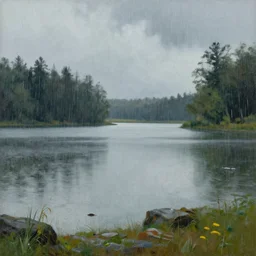 rainy day by the lake, painting by h. r. giger
