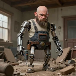 grumpy chunky bald handyman with mechanical powertool! limbs, mechanical powertools as hands, unkept facial hair, wrecks dusty old home, full body, hyperrealistic absurdist digital art masterpiece, highly detailed neo pop surrealism, jason limon kay sage hannah yata, dramatic lighting, low angle, uhd 8 k, sharp focus