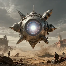teleportation machine in a post - apocalyptic world, with people using it to escape the wasteland, the machine is a large metal contraption with a bright light in the center by thomas kinkaid