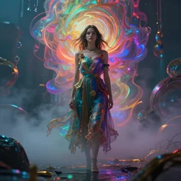 the infinite arts of the dream girl by mia brownell, very detailed, maximalism, ambient occlusion, volumetric light, atmospheric haze, hyper realism, futuristic but colorful shading, cinematic composition, realistic render, photography, wide shot