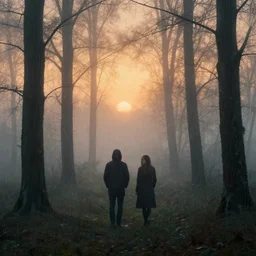 couple lost in the foggy woods, sundown, rain, by greg rutkowsky, simon stalenhag, artgerm