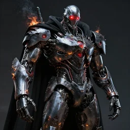 mecha. wearing black cloak. chrome internals, wiring harness, armored, damaged burning smoldering embers. glowing red eye bright. muscular thick arms. creepy decay style of Roger Deakins Jeremy Saulnier Newton Thomas Sigel Robert Elswit Greig Fraser trending rtx on ue4