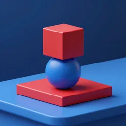 a 3d render of a red color block on a blue sphere on a red prism everything on a blue table