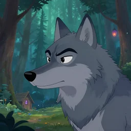 a closeup portrait of the side view of cartoonish anthropomorphic hurt grey wolf in a mystical forest full of wonders, pine trees, magical atmosphere, wooden house, trending on artstation, 3 0 mm, by noah bradley trending on artstation, deviantart, high detail, stylized portrait