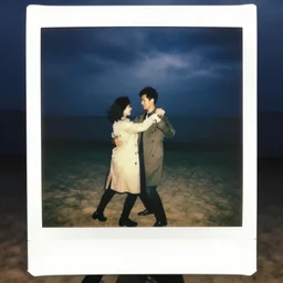 9 0 s polaroid photograph of a man and woman both wearing trenchcoats at night, dancing together on a beach during cloudy weather, vignette