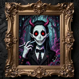 baroque bedazzled gothic royalty frames surrounding a pixelsort emo demonic horrorcore Japanese Edward Scissorhands in Wonderland, sharpened early computer graphics, remastered chromatic aberration