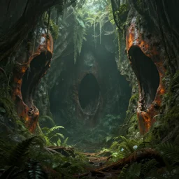 shrouded in the rotting jungle are the mouths of the rust - caves of golgotha, chrome's graveyard, screenshot, concept art, retrofutistic, science fantasy, rpg, epic, extremely detailed, sharp focus, 4 k