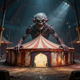 circle circus arena, scary mutant in a fun circus arena, hyper - realistic, octane render, 8 k