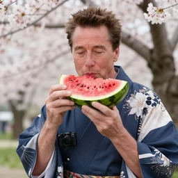 photo, arnold schwarzenegger eats watermelon, japanese kimono, high heels, under sakura tree, camera on face