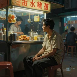 concept art of a man sitting alone in a hawker centre, at night, by moebius