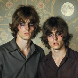 two handsome but sinister young men in layers of fear, with haunted eyes and wild hair, 1 9 7 0 s, seventies, wallpaper, a little blood, moonlight showing injuries, delicate embellishments, painterly, offset printing technique, by mary jane ansell