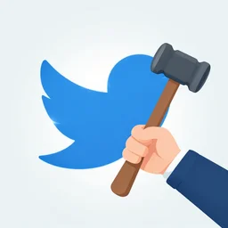 twitter logo holding ban hammer, illustration, digital