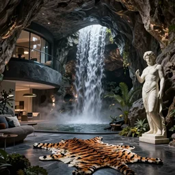 a futuristic apartment interior in the style of a waterfall cave, tiger skin carpet, greek marble statue, high ceiling, dark moody lighting, foggy atmosphere, 16mm lens, by frank lloyd wright, octane rendering