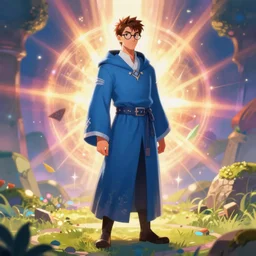 short spiky brown hair and glasses male wizard wearing blue robe, dndbeyond, bright, colourful, realistic, dnd character portrait, full body, pathfinder, pinterest, art by ralph horsley, dnd, rpg, lotr game design fanart by concept art, behance hd, artstation, deviantart, global illumination radiating a glowing aura global illumination ray tracing hdr render in unreal engine 5
