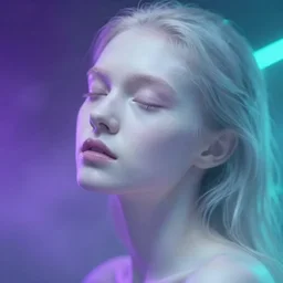 violet and aqua neon lights, out of focus photorealistic portrait of a beautiful aesthetic pale woman by sarah moon, very blurry, translucent white skin, closed eyes, foggy