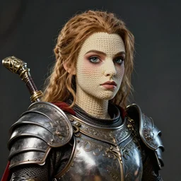 A poppet paladin, by norman rockwell,  trending on artstation, highly detailed, 8k, beautiful, dynamic lighting, detailed face, ornate armor, crochet skin