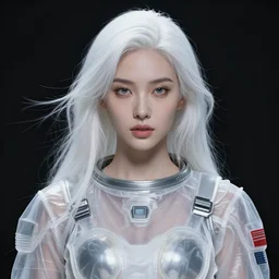 beautiful white haired lady dressed in see through space suit in the style of giorgos tsolis highly detailed, smooth, sharp focus