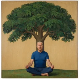 joe biden meditates under the bodhi tree, tempera on wood