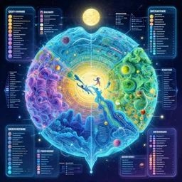 infographic of a heavenly realm split into regions with population information and statistics in the style of a three dimensional hologram highly detailed digital saturated colors full color drawn by wlop and greg rutkowski