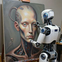 robot artist painting a self - portrait on a canvas. intricate, highly detailed, digital matte painting in the style of alberto vargas and in the style of h. r. giger. irony, recursion, inspiration.