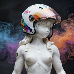 extremely beautiful full body portrait photo of a white marble statue of an anime girl with colorful motocross logos and motorcycle helmet with closed visor, colorful smoke in the background, carved marble statue, fine art, neon genesis evangelion, virgil abloh, offwhite, denoise, highly detailed, 8 k, hyperreal