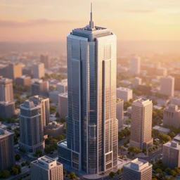 a lone futuristic skyscraper with large windows surrounded by smaller buildings, sunset, isometric view, hyperdetailed, sharp, artstation, 3 d render, ray tracing
