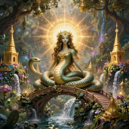 a beautiful sorcerers serpent goddess in a magical kingdom nature and gold towers, magic gardens and waterfalls a bridge made out of oaks, beauty abundance and a