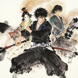 samurai by takehiko Inoue and Ross Tran, expressive sumi-e and colorful watercolor, powerful zen composition, expressive brush strokes that flow across the painting.