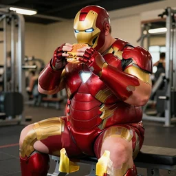 overweight ironman superhero is at the gym, but he is still eating cheeseburgers