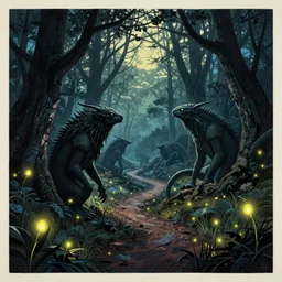 ancient creatures, glowing fireflies, by gediminas pranckevicius, by james gilleard, poster, dark shadows, woodblock, split - complementary - colors, polished, favolaschia - calocera, on the path to enlightenment