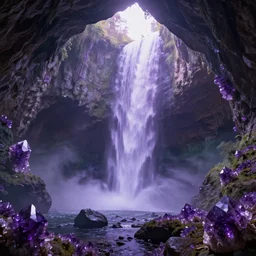 a mystical dreamy waterfall cave with amethysts and lilac sunrays, trending on artstation, concept art, matte painting, 8 k