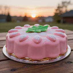 A photo of a swedish princess cake from the side on a wooden table, covered with pink marzipan, some powder sugar and a green marzipan leaf in the center. Sunset. 4K. Cinematic lighting. High detail. Realistic. Delicious.