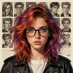 stylish girl with freckles glasses and wild colorful hair | | fine detail!! anime!! realistic shaded lighting!!, directional lighting 2 d poster by ilya kuvshinov, magali villeneuve, artgerm, jeremy lipkin and michael garmash and rob rey