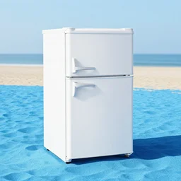 refrigerator made of blue sand on the beach