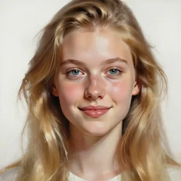 portrait painting of woman from scandinavia, teenager, blonde hair, daz, occlusion, smiling and looking directly, brushstrokes, white background, art by enki bilal